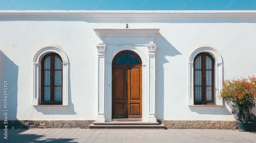Elegant white building facade with wooden door and arched windows