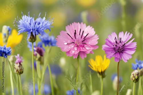 Vibrant wildflowers in a field, dew drops on petals.