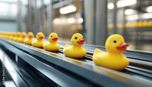 Lateral View of Conveyor System with Rubber Ducks in a Factory Setting Highlighting Automated Production Line photo