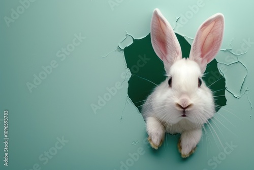 Happy White Rabbit Popping Through a Hole in a Mint Green Wall, Capturing Joy and Surprise in a Playful Atmosphere Ideal for Fun and Whimsical Themes photo