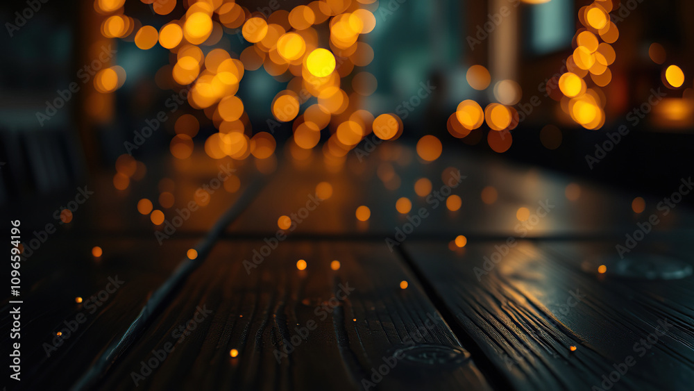 - Soft focus on glowing bokeh lights on wooden table, cozy, warm, celebration, festive - Soft focus on glowing bokeh lights on wooden table, cozy, warm, celebration, festive