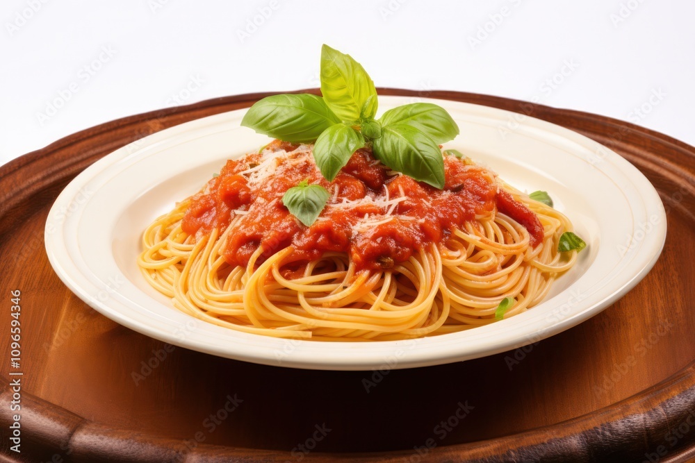 A beautifully plated serving of spaghetti topped with a rich marinara sauce, garnished with fresh basil leaves, and sprinkled with grated Parmesan cheese A beautifully plated serving of spaghetti topped with a rich marinara sauce, garnished with fresh basil leaves, and sprinkled with grated Parmesan cheese