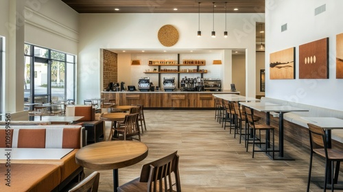 A spacious coffee shop with white walls, wooden tables, brown accents, and a seating area designed for both work and relaxation