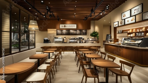 A well-lit coffee shop featuring white and brown tones, wooden tables for work, and a large seating area with natural decor