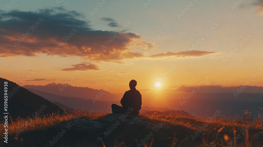 A serene silhouette of a person sitting on a rock, gazing at a breathtaking sunset over mountainous landscapes, embodying peace and reflection. A serene silhouette of a person sitting on a rock, gazing at a breathtaking sunset over mountainous landscapes, embodying peace and reflection.