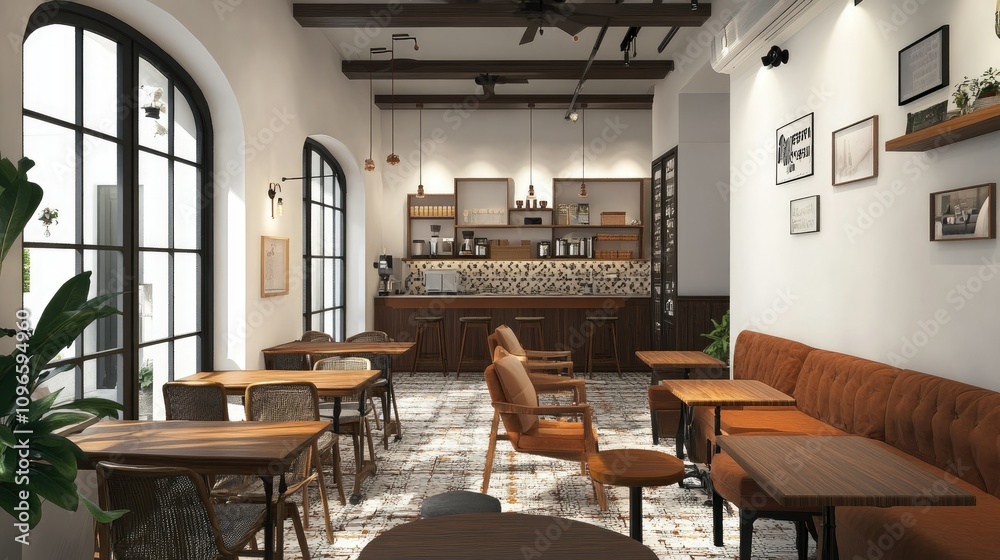 Coffee shop interior with white walls, warm brown furnishings, wooden work tables, and a spacious seating area ideal for remote work Coffee shop interior with white walls, warm brown furnishings, wooden work tables, and a spacious seating area ideal for remote work