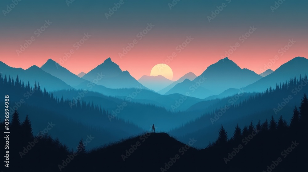 Serene Minimalist Sunset Over Majestic Mountains with Silhouette of a Traveler in the Foreground, Perfect for Wallpaper and Background Use Serene Minimalist Sunset Over Majestic Mountains with Silhouette of a Traveler in the Foreground, Perfect for Wallpaper and Background Use