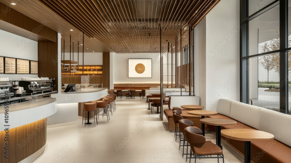 Fototapeta premium Modern coffee shop with white walls, brown accents, wooden tables, and an open seating area designed for productivity and comfort