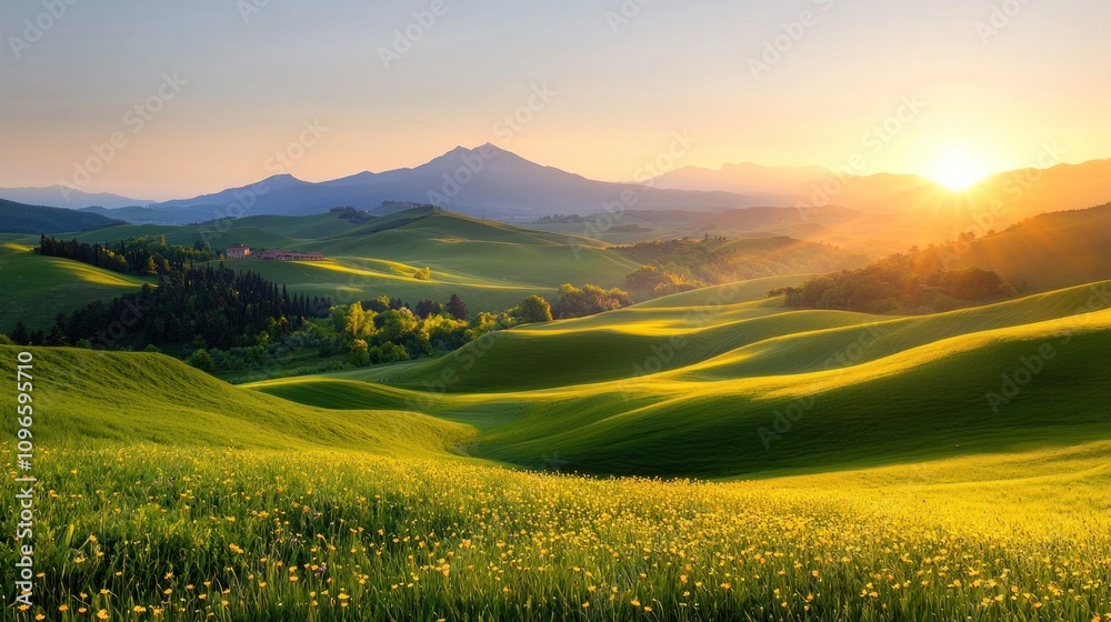 Rolling Green Hills Covered in Vibrant Wildflowers Bathed in Sunset Light with a Scenic Mountain Backdrop Ideal for Nature and Landscape Art Rolling Green Hills Covered in Vibrant Wildflowers Bathed in Sunset Light with a Scenic Mountain Backdrop Ideal for Nature and Landscape Art