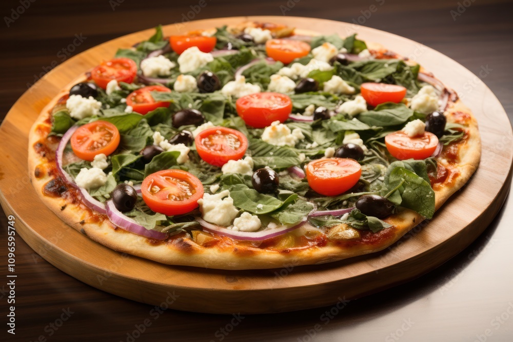 A colorful vegetarian pizza loaded with fresh spinach, cherry tomatoes, olives, and feta cheese, all beautifully arranged on a rustic wooden board. A colorful vegetarian pizza loaded with fresh spinach, cherry tomatoes, olives, and feta cheese, all beautifully arranged on a rustic wooden board.
