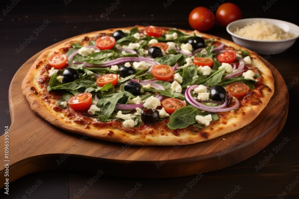 A colorful vegetarian pizza loaded with fresh spinach, cherry tomatoes, olives, and feta cheese, all beautifully arranged on a rustic wooden board. A colorful vegetarian pizza loaded with fresh spinach, cherry tomatoes, olives, and feta cheese, all beautifully arranged on a rustic wooden board.