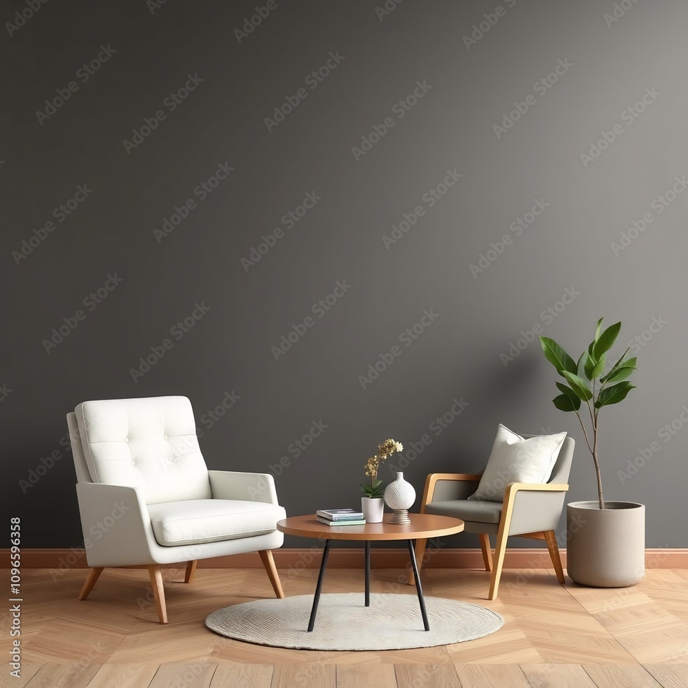 Two chairs facing each other with a coffee table and plants in the middle. Two chairs facing each other with a coffee table and plants in the middle.