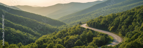 A winding road snakes through lush, green mountains, with early morning sunlight bathing the scene in a golden hue, capturing the essence of adventure and freedom in nature's embrace.