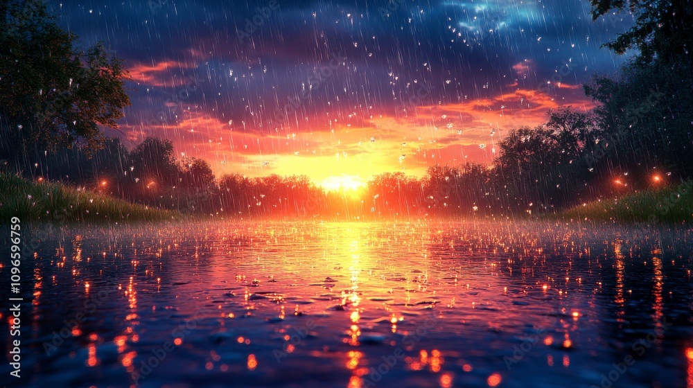 A breathtaking sunset view of a river during a rain shower. The vibrant colors of the sky and the water create a mesmerizing scene. Enjoy the beauty of nature's artistry. A breathtaking sunset view of a river during a rain shower. The vibrant colors of the sky and the water create a mesmerizing scene. Enjoy the beauty of nature's artistry.
