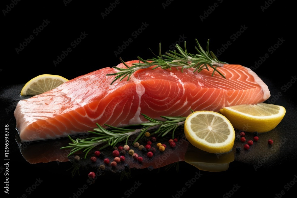 A raw salmon steak lying flat, with a slice of lemon artfully positioned beside it and fresh rosemary sprigs scattered around, highlighting the freshness of the ingredients A raw salmon steak lying flat, with a slice of lemon artfully positioned beside it and fresh rosemary sprigs scattered around, highlighting the freshness of the ingredients