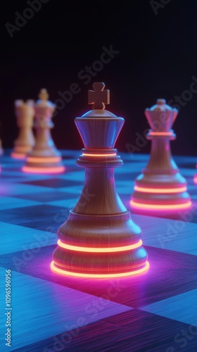 Chess pieces with neon lighting