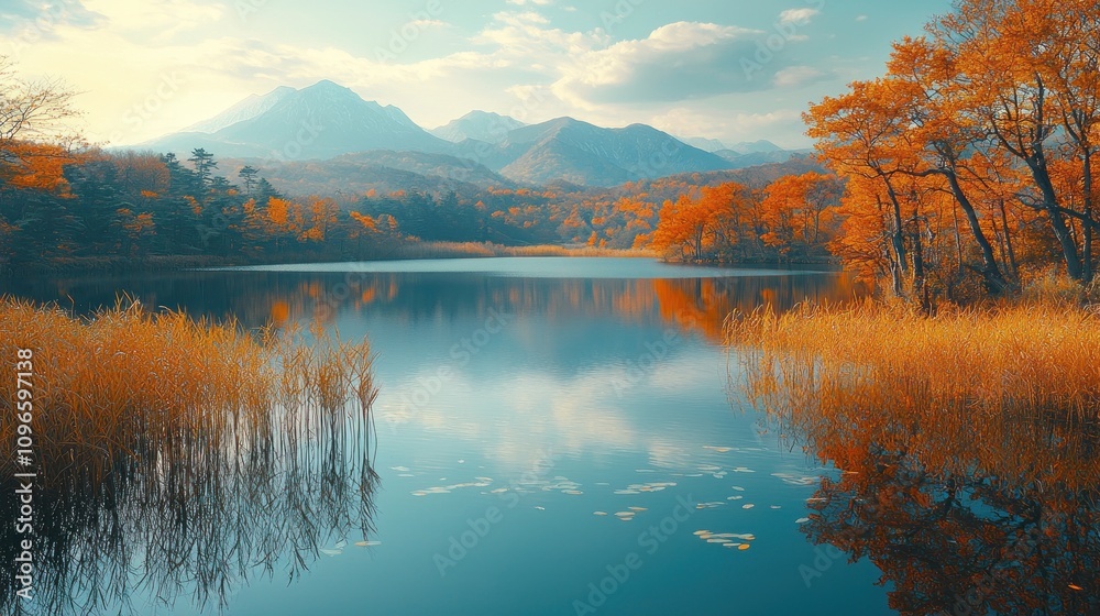Fototapeta premium Serene Lake with Reflection of Surrounding Mountains and Autumn Foliage in Vibrant Colors Under a Clear Sky and Tranquil Nature Scene