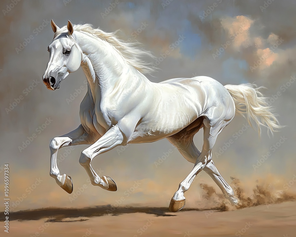 Majestic white horse galloping across a dusty landscape. Dynamic pose, flowing mane and tail. Dramatic sky background. Majestic white horse galloping across a dusty landscape. Dynamic pose, flowing mane and tail. Dramatic sky background.