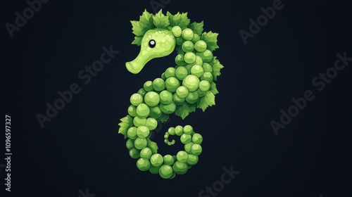 whimsical seahorse made of green grapes and leaves, showcasing playful and imaginative design. This unique creature blends nature and creativity beautifully photo