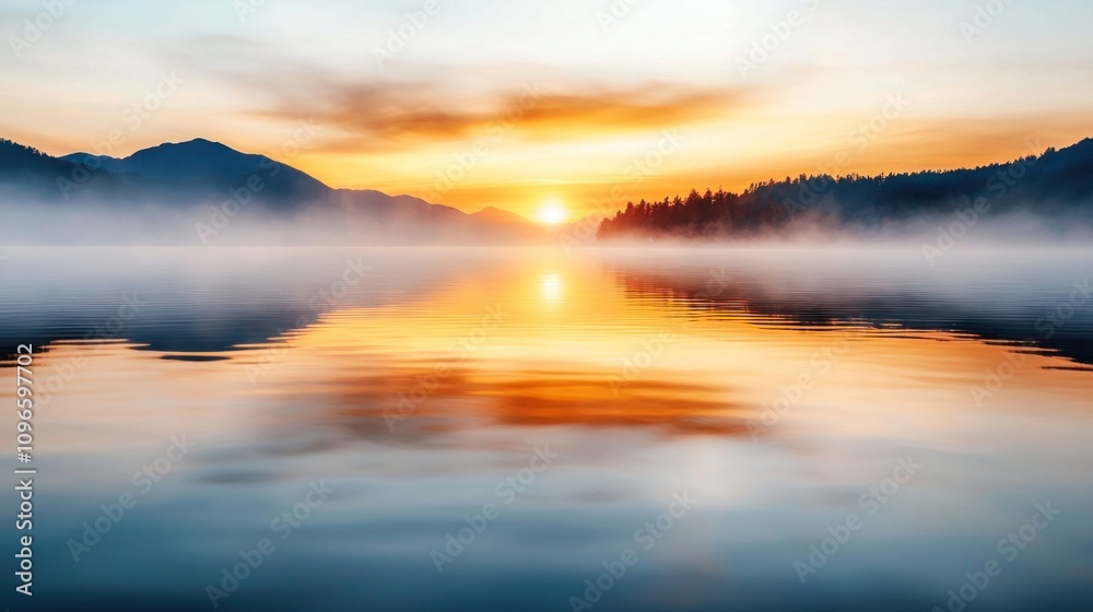 Fototapeta premium Serene Sunrise Over Misty Lakeside with Gentle Sunlight Casting Reflections on Calm Water, Creating a Tranquil Morning Atmosphere