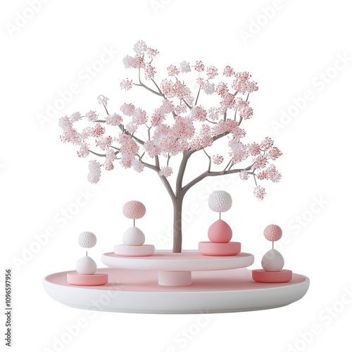 A serene scene featuring stylized figures around a cherry blossom tree, symbolizing peace and harmony in nature.