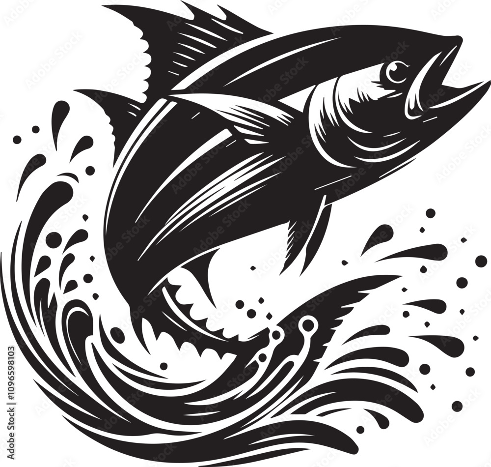 Fototapeta premium A black and big tuna jumping out of the water silhouette vector