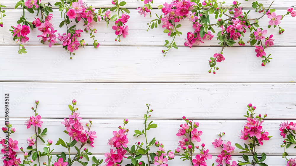 Spring blooms: Pink flowers arranged on a white wooden background in a flat lay, with plenty of space for copy. Spring blooms: Pink flowers arranged on a white wooden background in a flat lay, with plenty of space for copy.