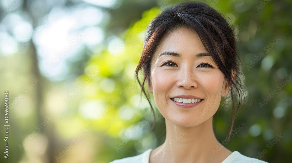 A smiling Japanese woman stands outdoors, surrounded by soft green foliage, exuding warmth and positivity. A smiling Japanese woman stands outdoors, surrounded by soft green foliage, exuding warmth and positivity.