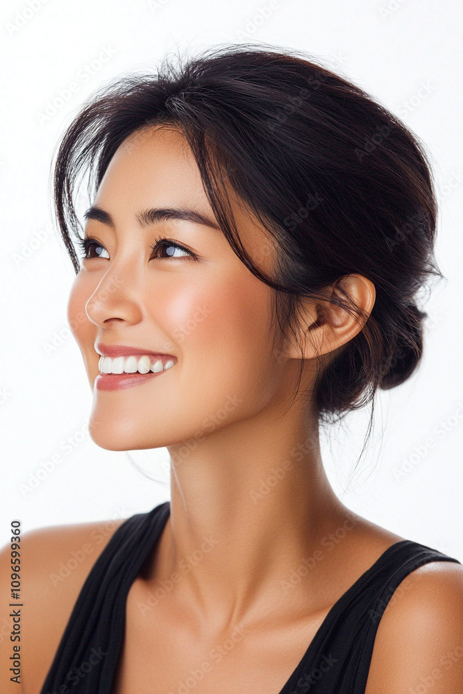 A portrait of a smiling Asian woman with sleek hair, showcasing a radiant complexion against a light background, embodying elegance and joy. A portrait of a smiling Asian woman with sleek hair, showcasing a radiant complexion against a light background, embodying elegance and joy.