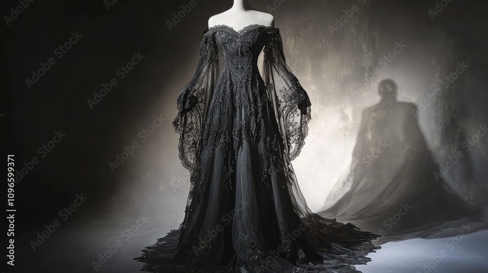 Elegant black gown with intricate lace and flowing sleeves, displayed on a mannequin. Elegant black gown with intricate lace and flowing sleeves, displayed on a mannequin.
