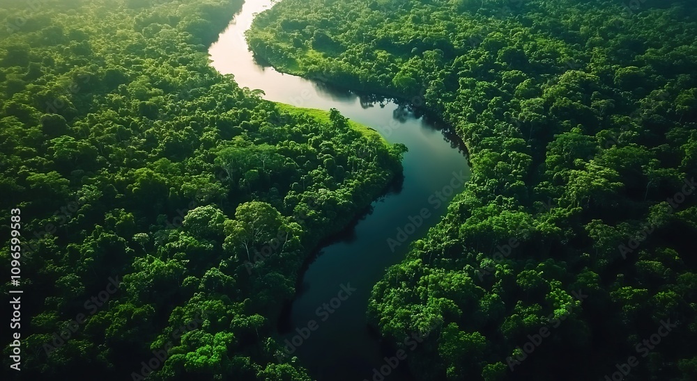 Aerial view of the Amazon rainforest with a winding river Aerial view of the Amazon rainforest with a winding river