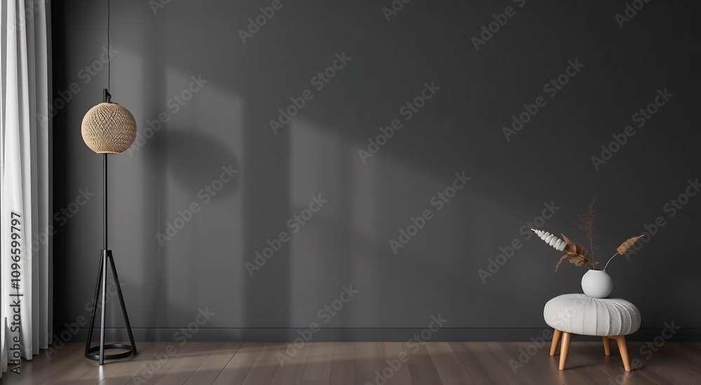 Minimalist living room with a floor lamp, a stool, and a vase of dried flowers. Minimalist living room with a floor lamp, a stool, and a vase of dried flowers.