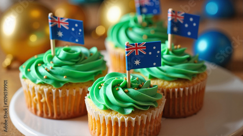 Green cupcakes with Australian flag toppers on a plate photo