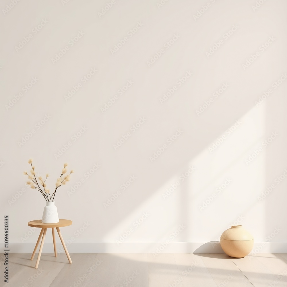 Minimalist interior with wooden table, vase with dried flowers and round beige object on light wooden floor. Minimalist interior with wooden table, vase with dried flowers and round beige object on light wooden floor.
