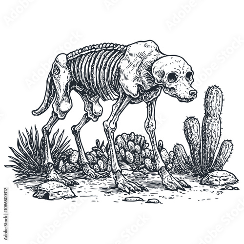 A coyote skeleton among cacti in the Mexican desert, engraving style, vector illustration