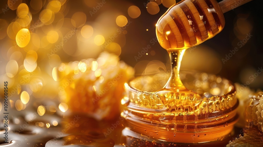 Golden honey dripping from a dipper into a jar, with honeycomb and bokeh background. Golden honey dripping from a dipper into a jar, with honeycomb and bokeh background.