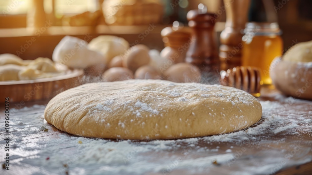Freshly kneaded dough dusted with flour sits on a wooden table next to ingredients for baking bread. Freshly kneaded dough dusted with flour sits on a wooden table next to ingredients for baking bread.