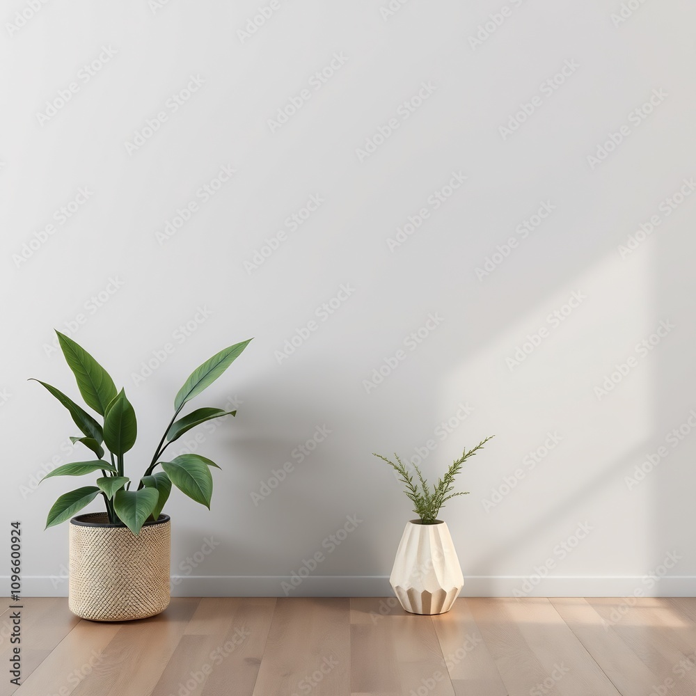 Minimalist interior with a potted plant and a vase on a wooden floor. Minimalist interior with a potted plant and a vase on a wooden floor.