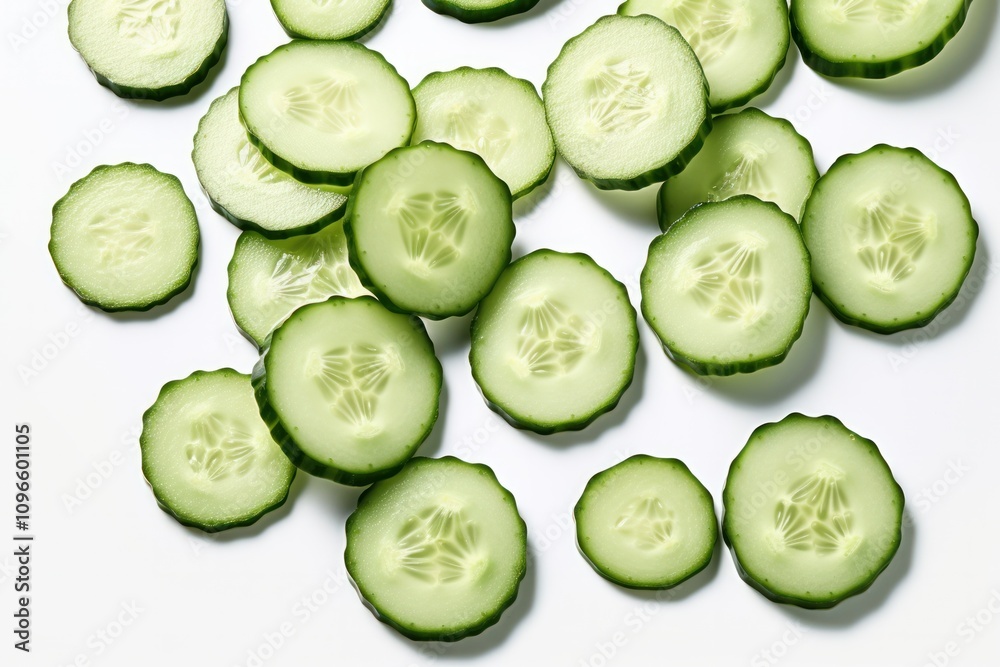 An assortment of cucumber slices with varying thicknesses, revealing the rich green hues and seed patterns An assortment of cucumber slices with varying thicknesses, revealing the rich green hues and seed patterns