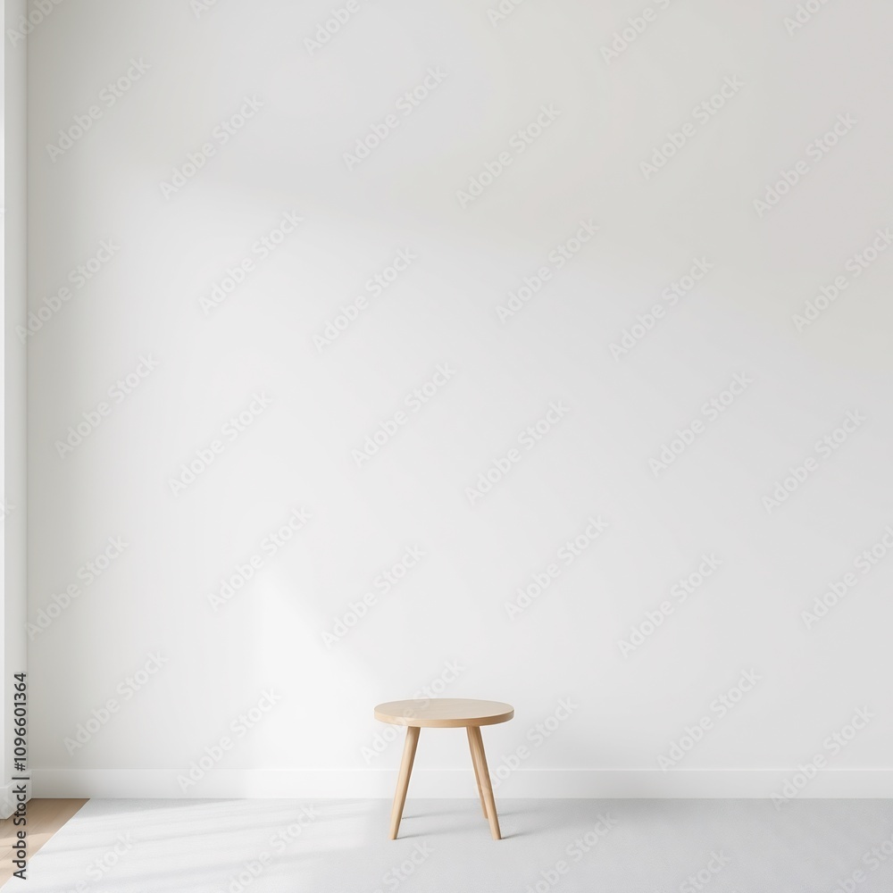 Minimalist wooden coffee table on white carpet in front of a white wall. Minimalist wooden coffee table on white carpet in front of a white wall.