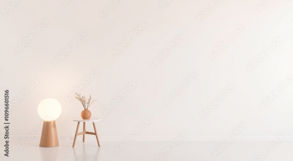 Minimalist interior design with a simple wooden table lamp, small table and vase with dried flowers. Minimalist interior design with a simple wooden table lamp, small table and vase with dried flowers.
