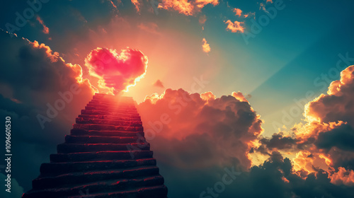 Stairs in the Sky: Concept of stairs leading into the sky with sun and clouds, featuring a red heart-shaped sky at sunset, representing love and aspiration. photo