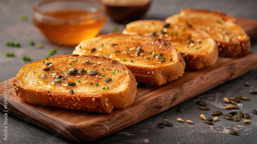 Four slices of toasted bread topped with honey, sesame seeds and pumpkin seeds. Four slices of toasted bread topped with honey, sesame seeds and pumpkin seeds.