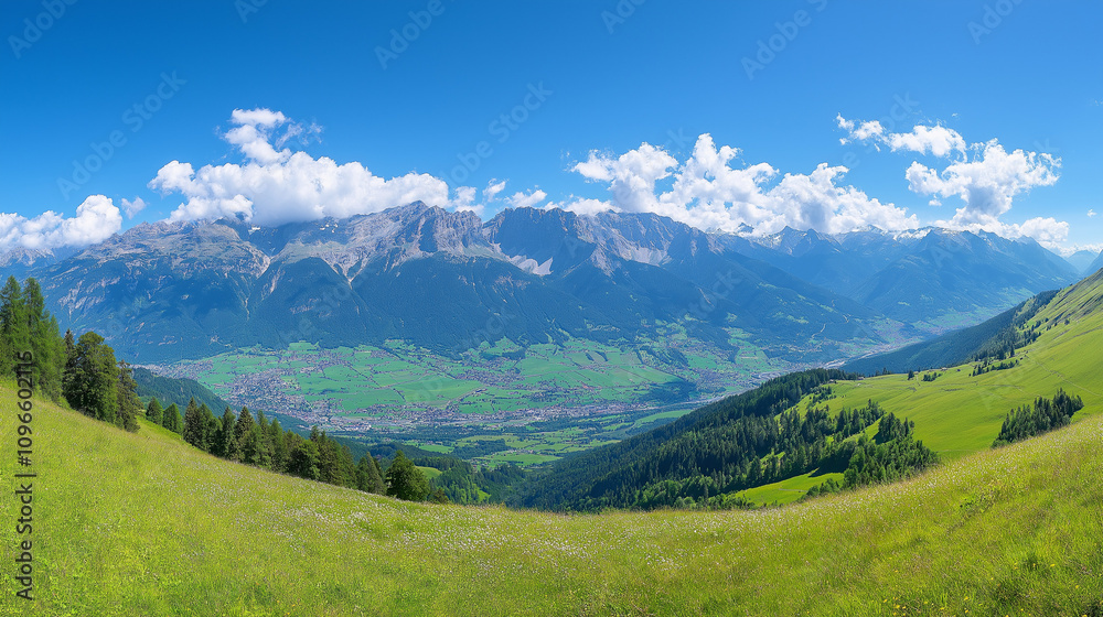 Beautiful green meadow with mountains in the background, a sunny day panorama. Panoramic landscape of the Alps mountain range in the summertime
Beautiful green meadow with mountains in the background, a sunny day panorama. Panoramic landscape of the Alps mountain range in the summertime