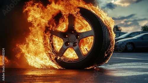 Dramatic Scene of a Burning Car Tire on Fire Outside During Sunset with Dark Smoke and Blazing Flames on the Tire Rim Causing a Fiery Spectacle