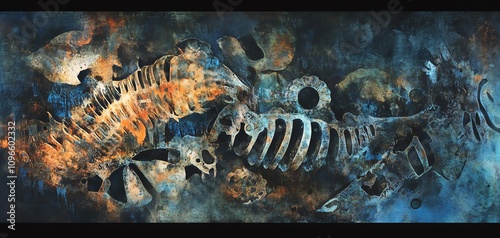 Abstract skeletal remains artwork.  Dark, moody, and textured, evoking themes of decay and mystery. photo