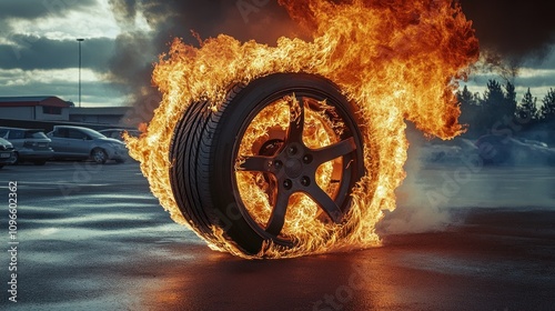 A Dramatic Scene of a Tire on Fire Rolling Outside with Dark Clouds and Cars in the Background at Twilight
