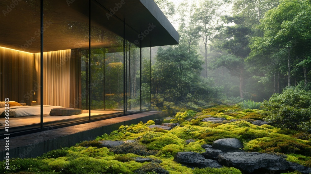 Modern glass house bedroom overlooking a lush mossy garden.