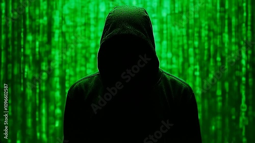 El Enigma de la Oscuridad: Figura Encapuchada y Código Binario Descendente en un Escenario Futurista