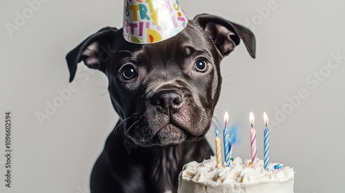 Adorable Black Pitbull Puppy Celebrating Birthday with Colorful Party Hat and Delicious Cake Surrounded by Candles, Perfect for Pet Celebration Themes and Joyful Moments